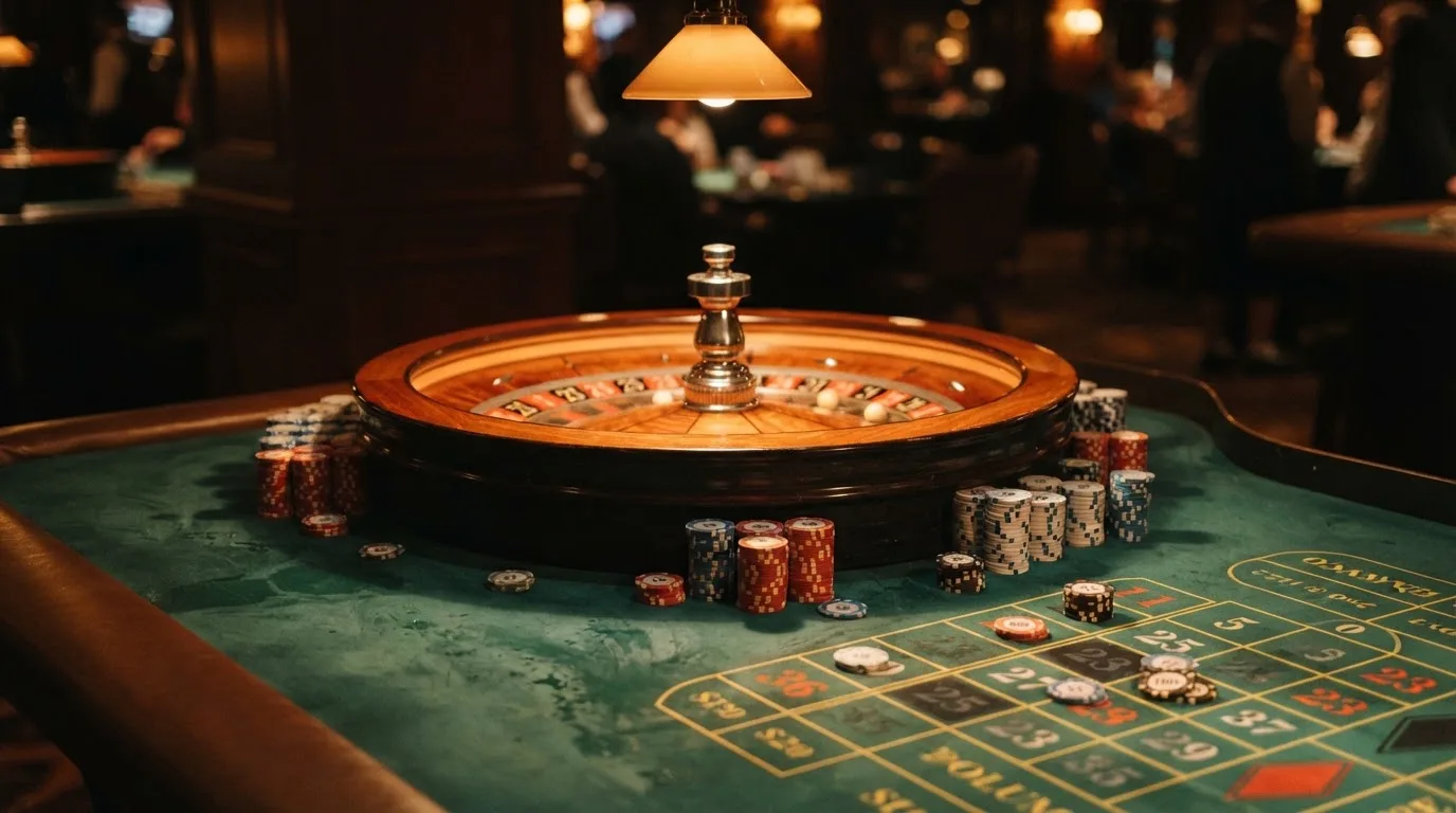 Roulettehjul og spillemærker på grønt filt i varmt aftenlys — anmeldelser af casinoer