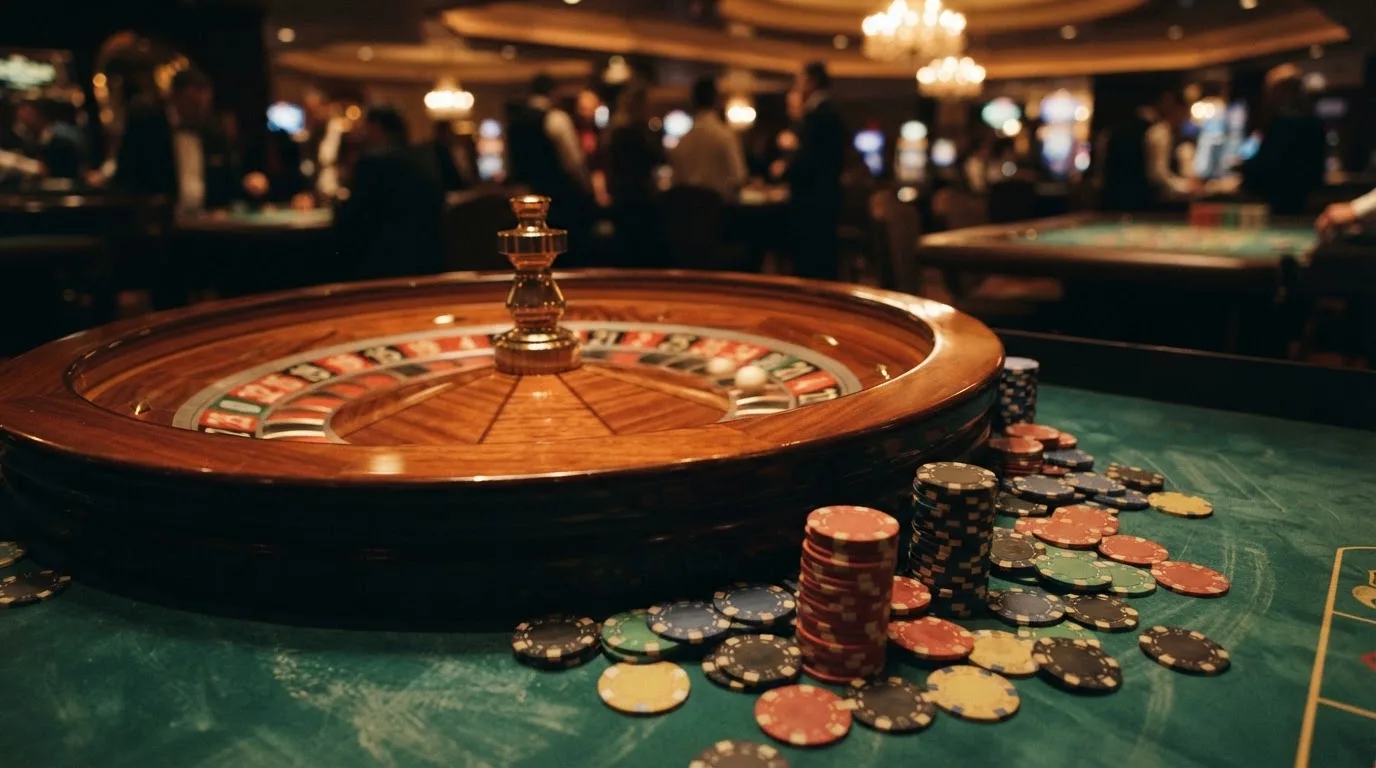 Roulettehjul og spillemærker på grønt filt i varmt aftenlys — bedste blackjack casinoer