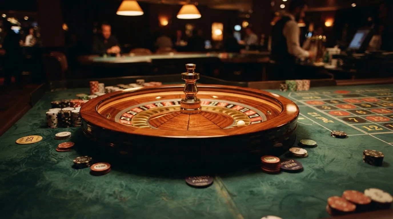 Roulettehjul og spillemærker på grønt filt i varmt aftenlys — bedste blackjack i danmark