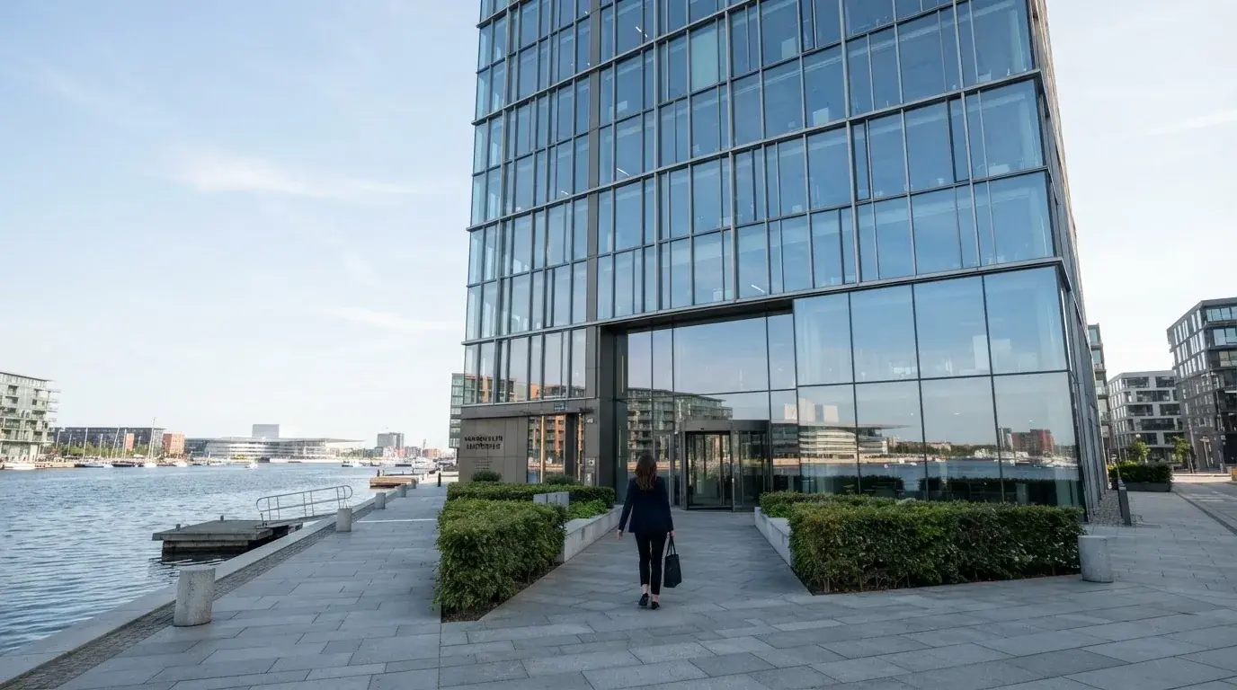 En moderne kontorbygning med glasfacade ved Københavns havn i klart dagslys, med en medarbejder i blazer, der går forbi.