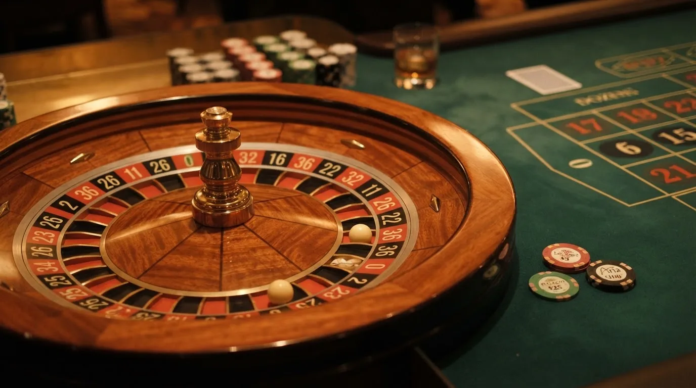 Roulettehjul og spillemærker på grønt filt i varmt aftenlys — bedste danske casino bonusser