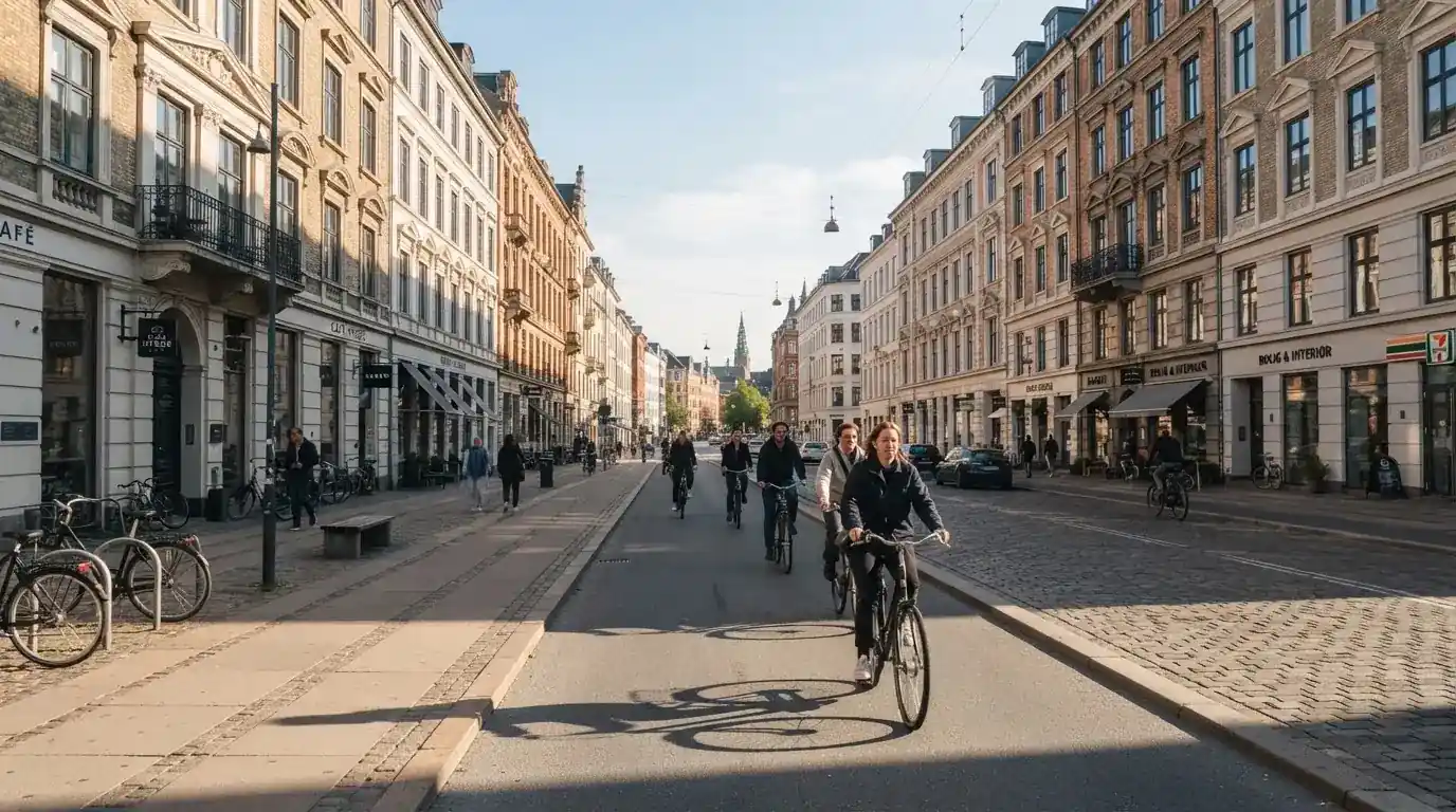 Københavnsk gade med klassiske bygninger og cyklister i klart vejr, set fra fortovet.