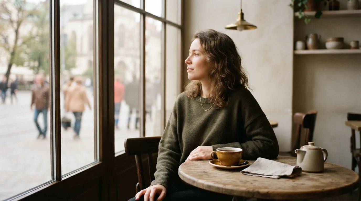 Kvinde sidder på en café med en kop te og kigger tænksomt ud ad vinduet i blødt dagslys.