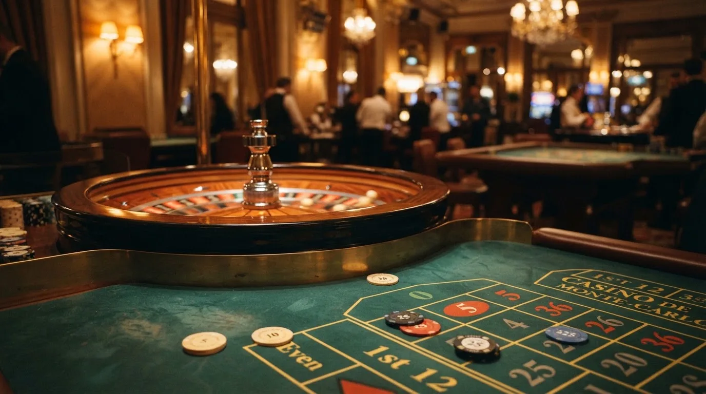 Roulettehjul og spillemærker på grønt filt i varmt aftenlys — bedste roulette casinoer