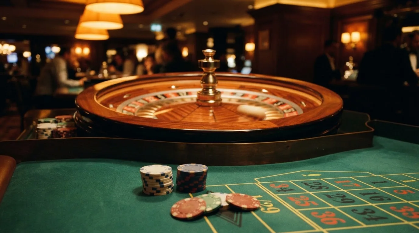 Roulettehjul og spillemærker på grønt filt i varmt aftenlys — bedste slots casinoer