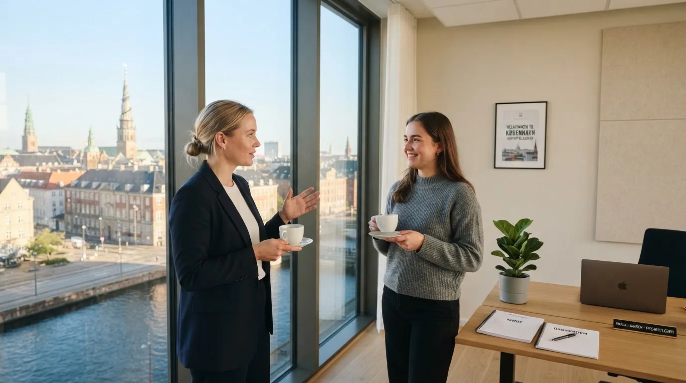To medarbejdere står ved et stort vindue i et lyst kontor i København og taler sammen med kaffekopper i hænderne.
