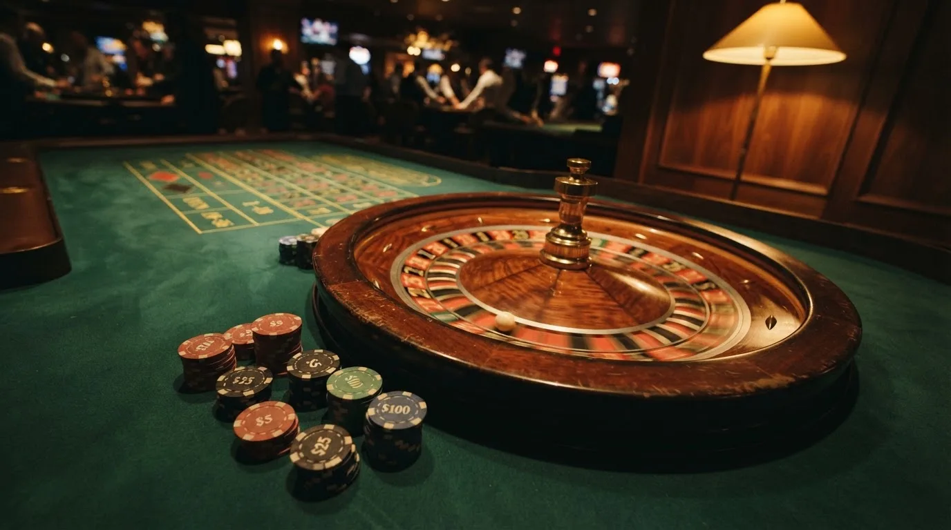 Roulettehjul og spillemærker på grønt filt i varmt aftenlys — casino bonus til eksisterende kunder