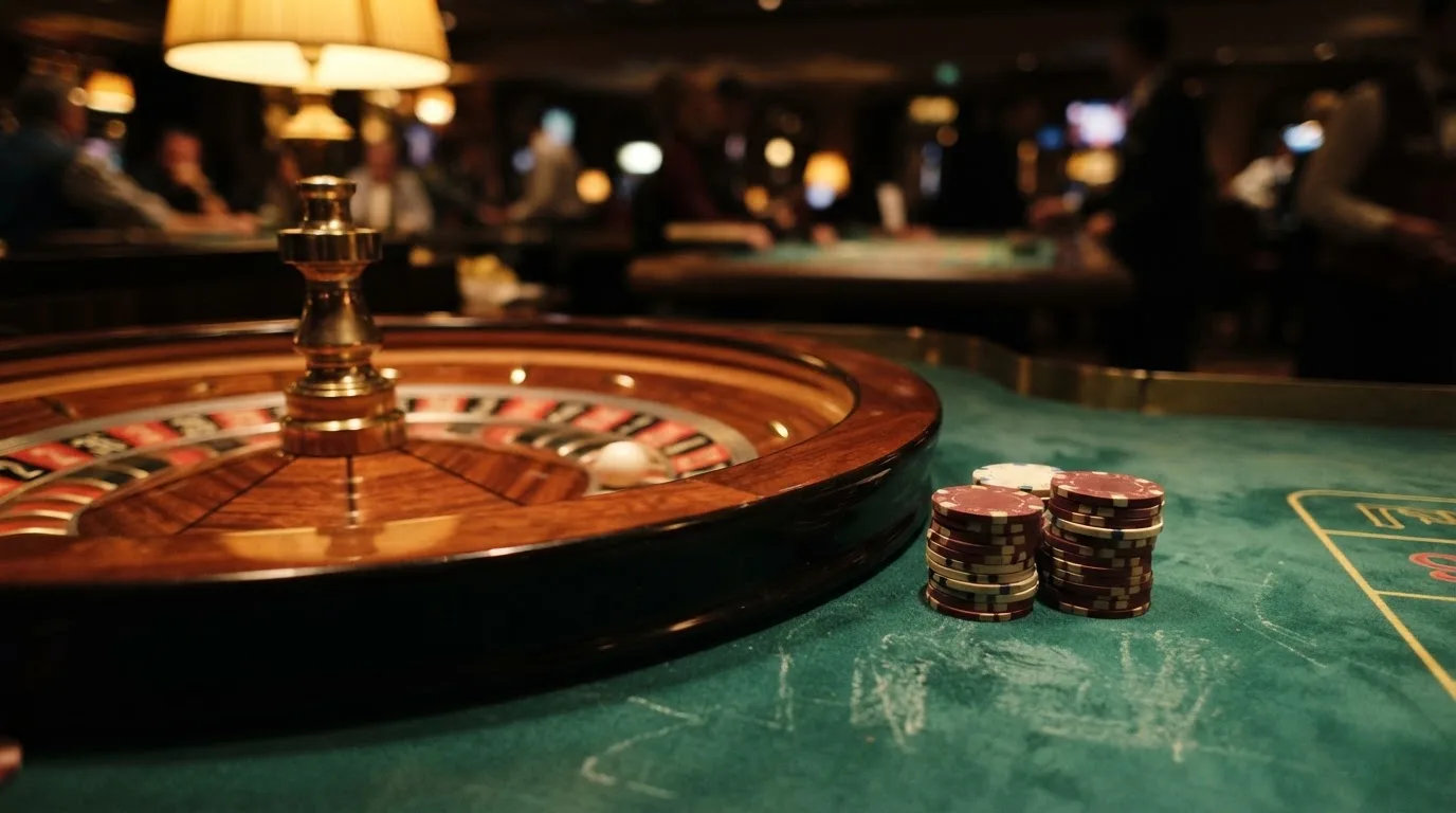 Roulettehjul og spillemærker på grønt filt i varmt aftenlys — casino bonus uden indskud dk