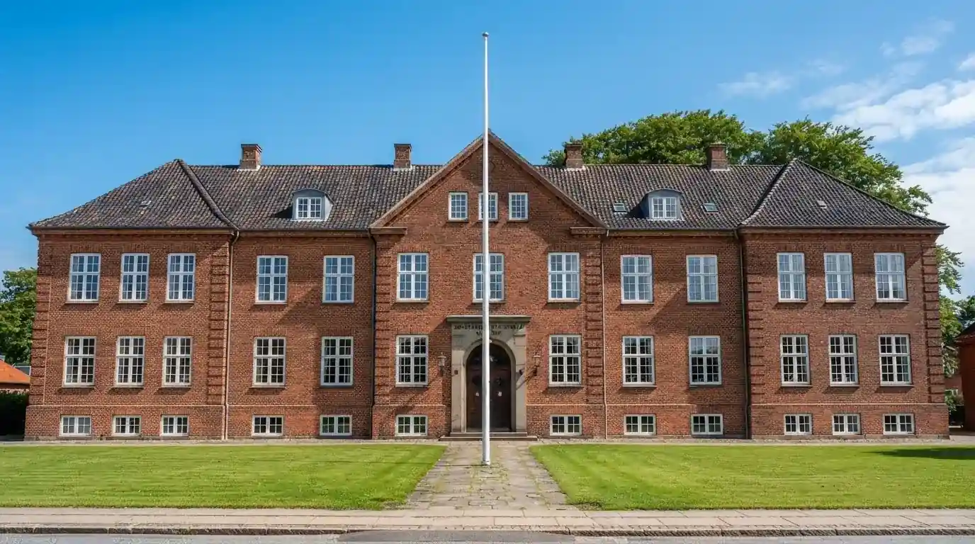 Facade af en klassisk dansk administrationsbygning i røde mursten med flagstang under blå himmel, uden personer.