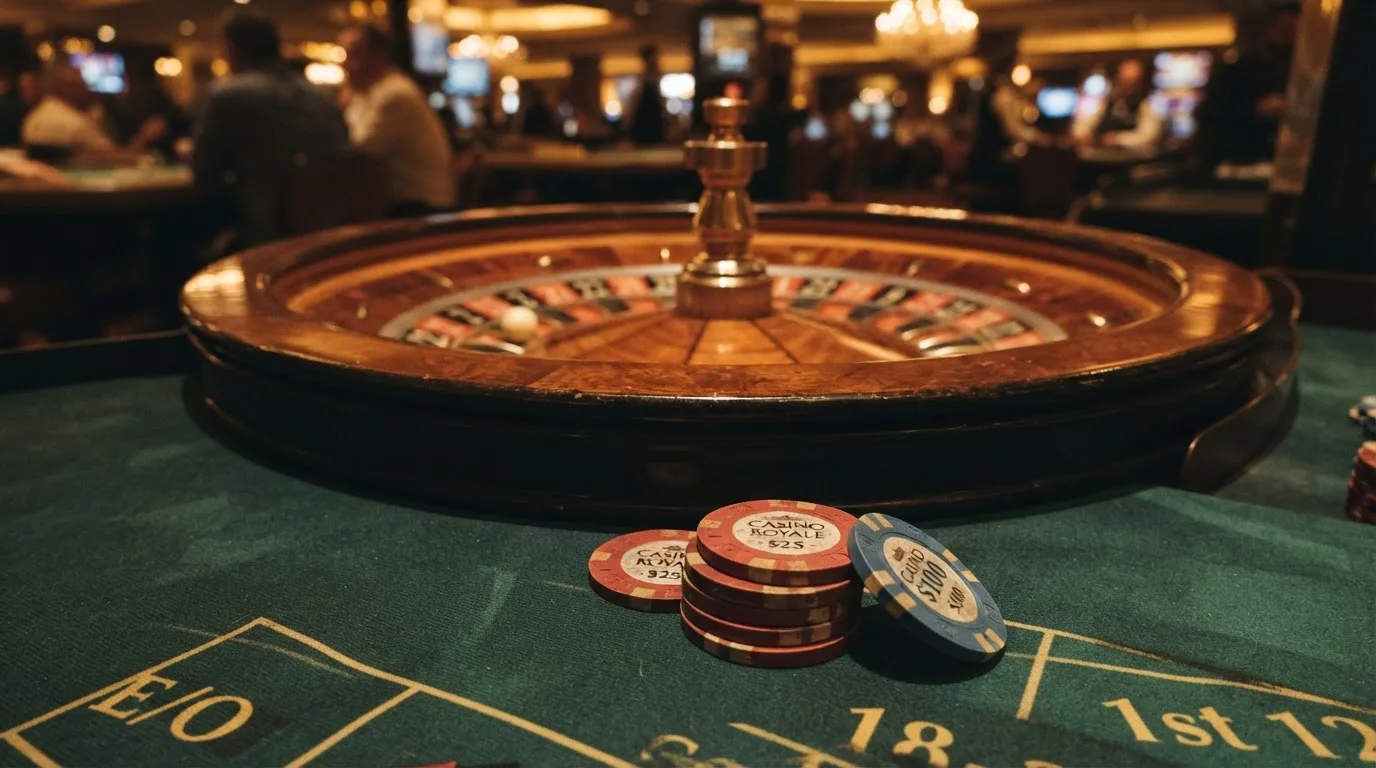 Roulettehjul og spillemærker på grønt filt i varmt aftenlys — casino med cardano i danmark
