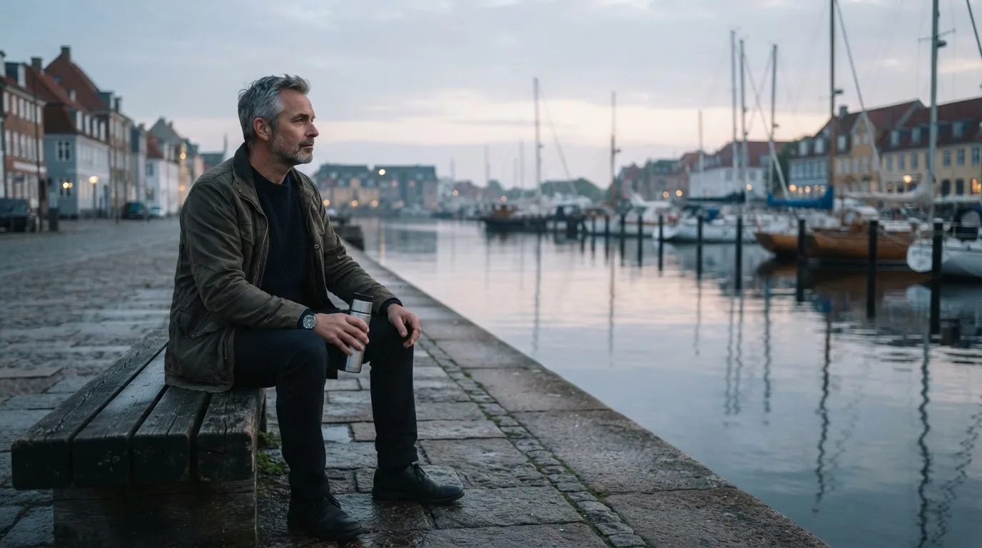 En mand sidder på en bænk ved havnen en tidlig morgen og ser ud over vandet med en termokop i hånden.