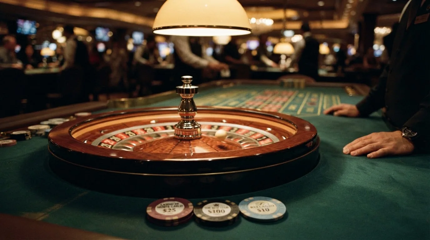 Roulettehjul og spillemærker på grønt filt i varmt aftenlys — casino med dogecoin i danmark