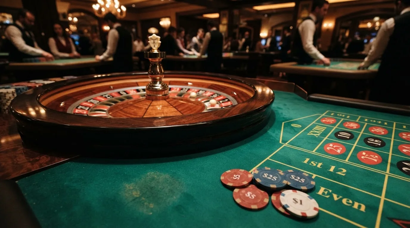 Roulettehjul og spillemærker på grønt filt i varmt aftenlys — casino med högst rtp