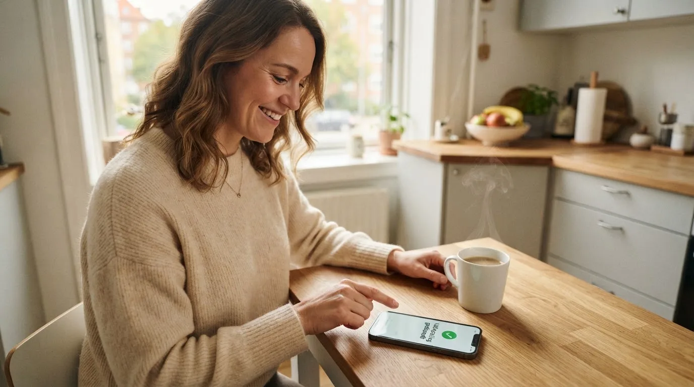 Kvinde smiler og trykker på sin mobil i et dagligt køkkenmiljø med en kop kaffe i morgenlys.