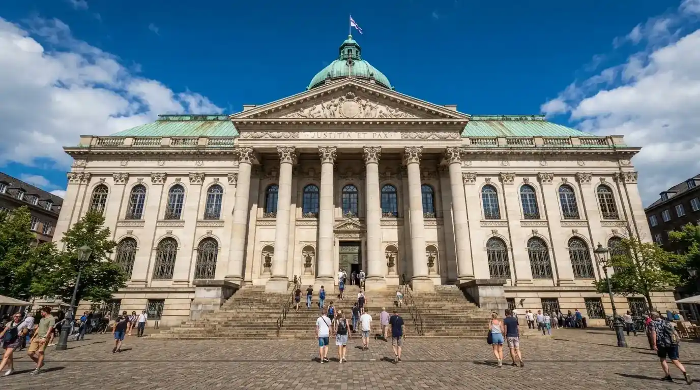 En historisk bygning i København med grøn kobbertag og kolonner i klart dagslys, set fra pladsen foran.