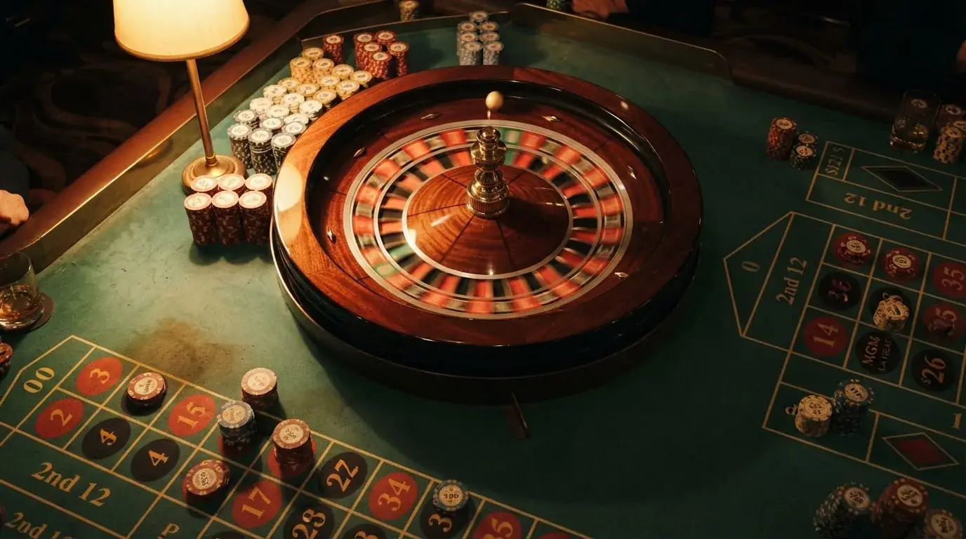 Roulettehjul og spillemærker på grønt filt i varmt aftenlys — casino på mobilen i danmark