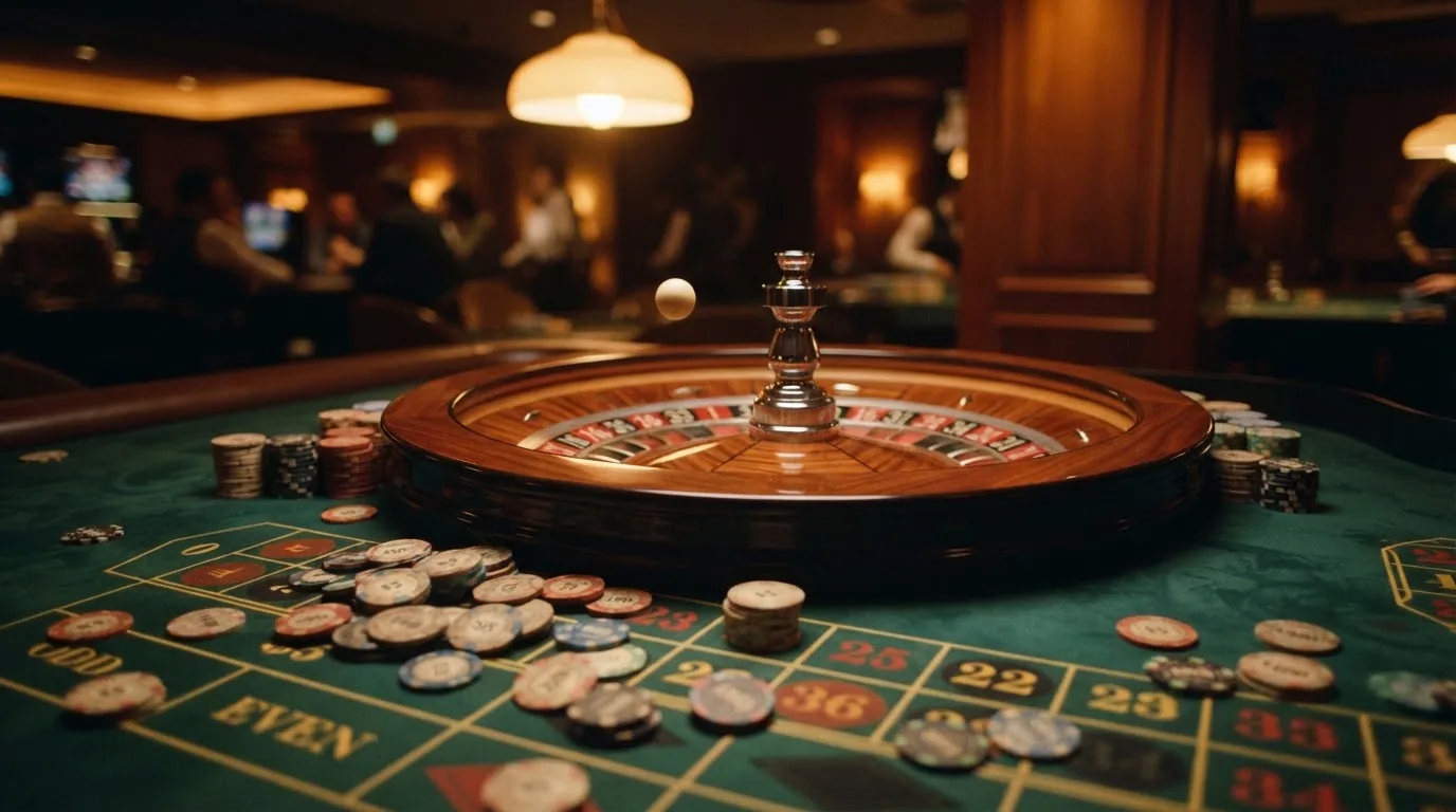 Roulettehjul og spillemærker på grønt filt i varmt aftenlys — casino uden dansk licens