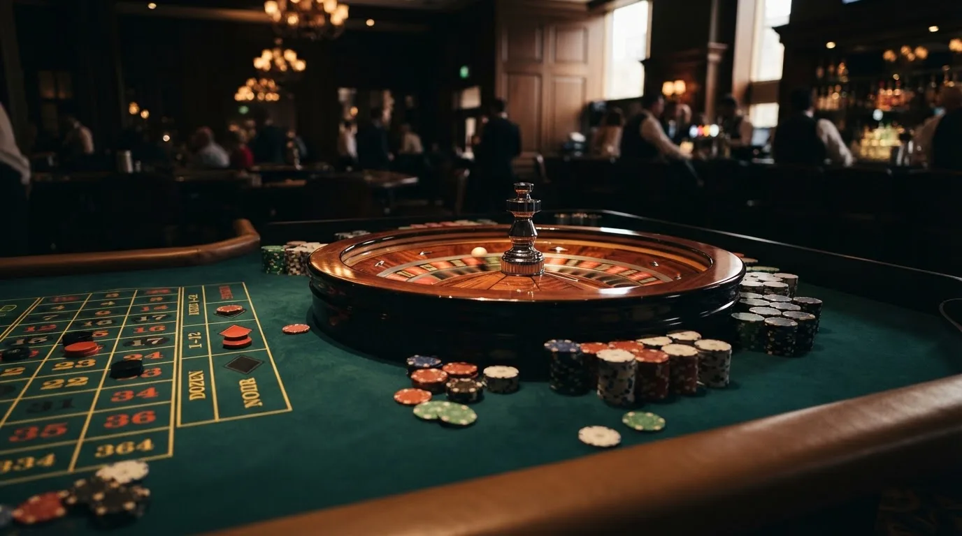 Roulettehjul og spillemærker på grønt filt i varmt aftenlys — dansk live roulette