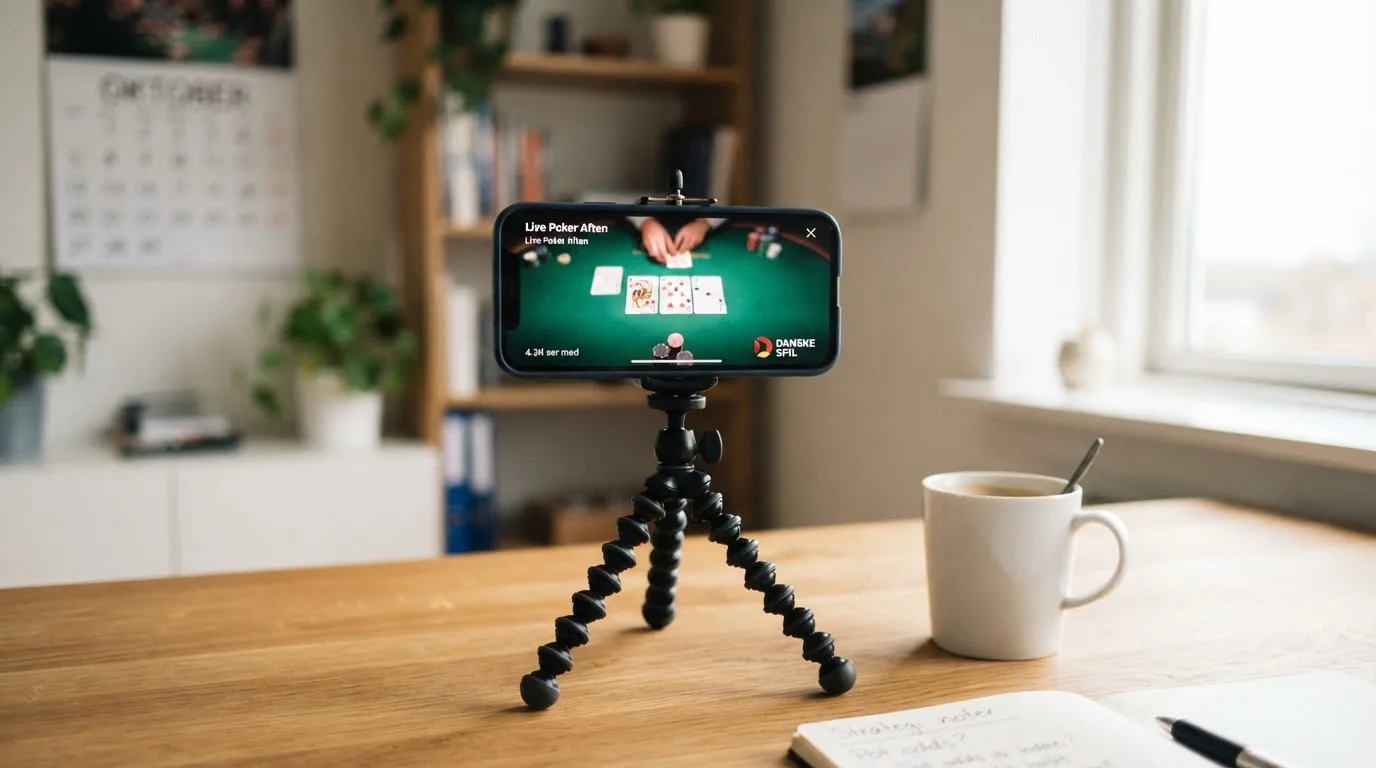 En smartphone på et stativ viser en uskarp videostream af et spillebord, mens en kaffekop står ved siden af på et skrivebord.