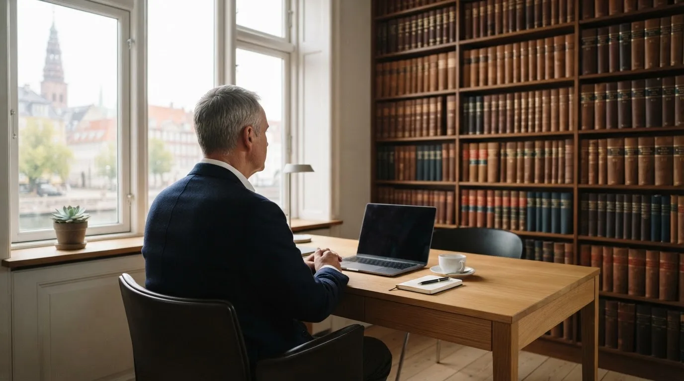 Jurist sidder ved et skrivebord i et lyst københavnsk kontor med reol, kaffekop og store vinduer og kigger eftertænksomt ud.
