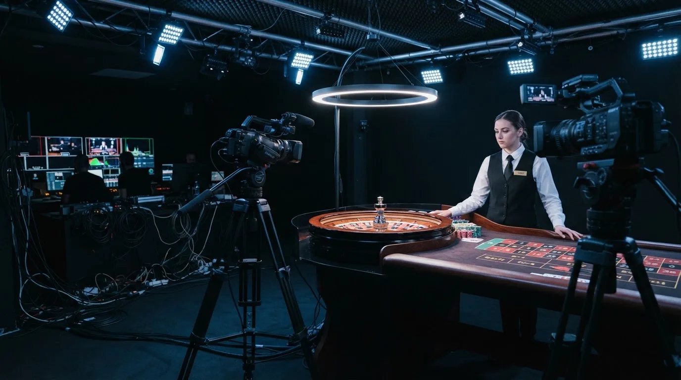 Kameraer på stativer og et roulettehjul midt i et mørkt livecasino-studie med en dealer i uniform, set fra siden i blåligt lys.