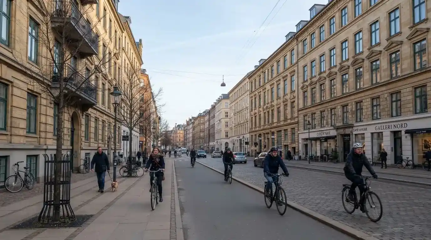 Københavnsk gade med klassiske sandstensbygninger og cyklister i klart vejr, set fra fortovet.