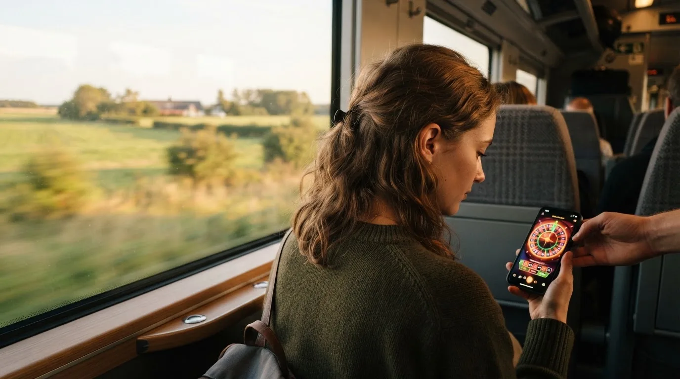 Kvinde på toget ser ud ad vinduet med mobilen i hånden, mens landskabet suser forbi i eftermiddagslys.